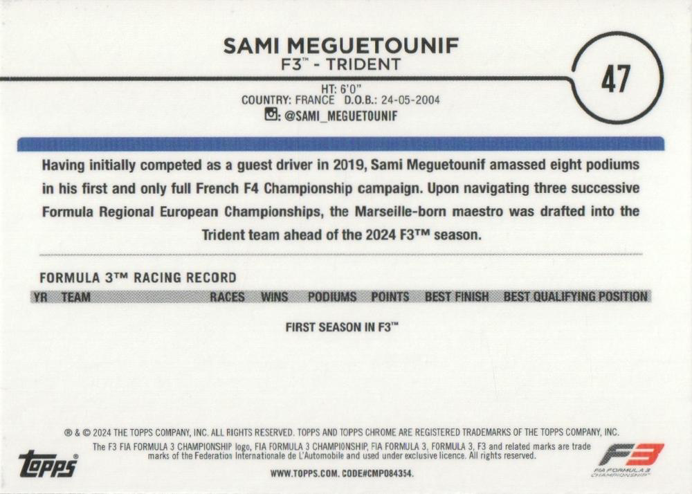 2024 Topps Chrome Formula 1 Sami Meguetounif F3D #47 Trident