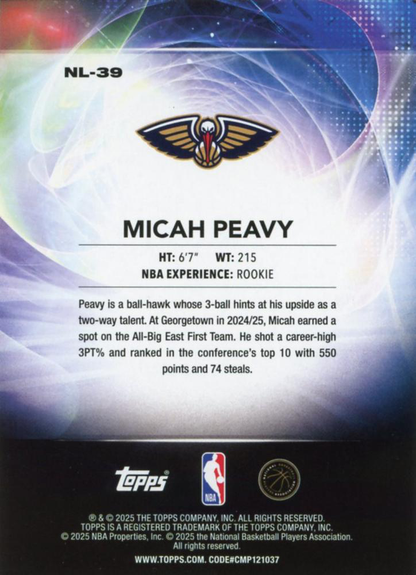 2025 Topps NBA No Limit Micah Peavy NL-39 New Orleans Pelicans