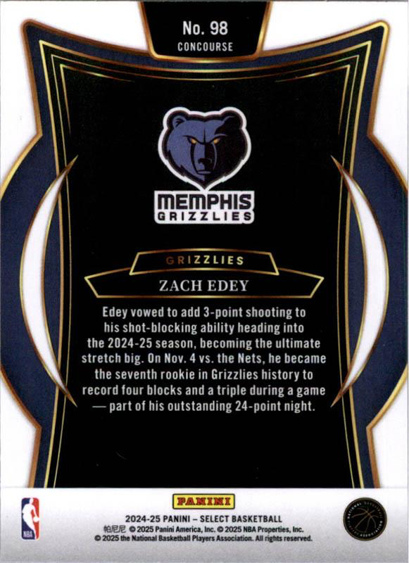 2024 Panini Select Zach Edey RC Blue #98 Memphis Grizzlies