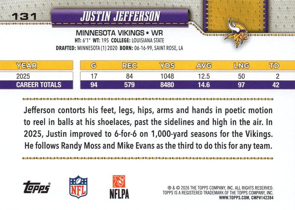 2026 Topps Flagship Justin Jefferson #131 Minnesota Vikings