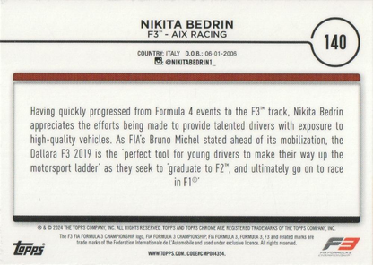 2024 Topps Chrome Formula 1 Nikita Bedrin F3C #140 Aix Racing