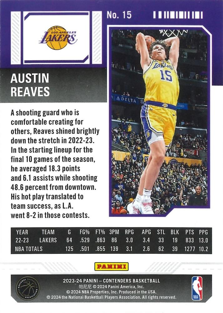 2023 Panini Contenders Austin Reaves #15 Los Angeles Lakers