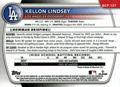 2025 Topps Bowman Chrome Prospect Kellon Lindsey #BCP-137 Los Angeles Dodgers