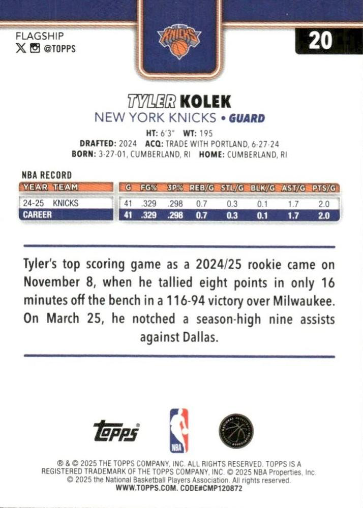 2025 Topps NBA Tyler Kolek #20 New York Knicks