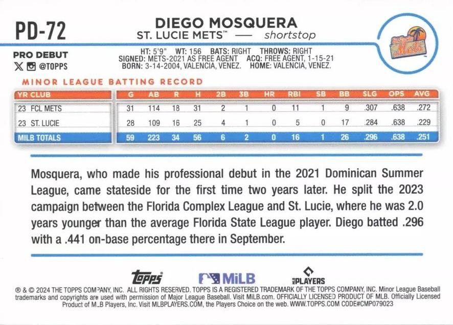 2024 Topps Pro Debut Diego Mosquera #PD-72 St. Lucie Mets