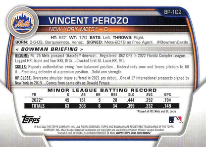 2023 Topps Bowman Paper Prospects Vincent Perozo 1st New York Mets #BP-102