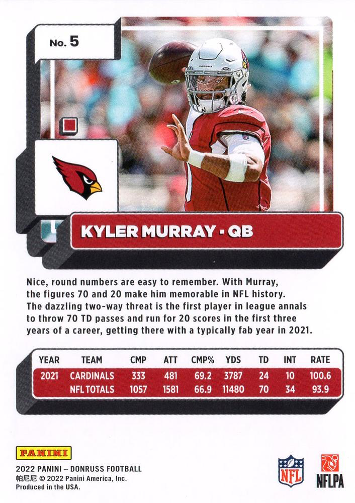 2022 Panini Donruss Kyler Murray #5 Arizona Cardinals