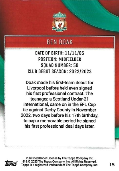 2023 Topps Liverpool Team Set Ben Doak RC #15 Liverpool