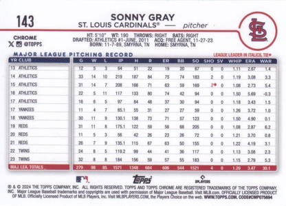 2024 Topps Chrome Sonny Gray St. Louis Cardinals #143