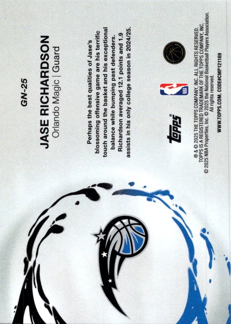 2025 Topps NBA Generation Now Holo Foil Jase Richardson GN-25 Orlando Magic