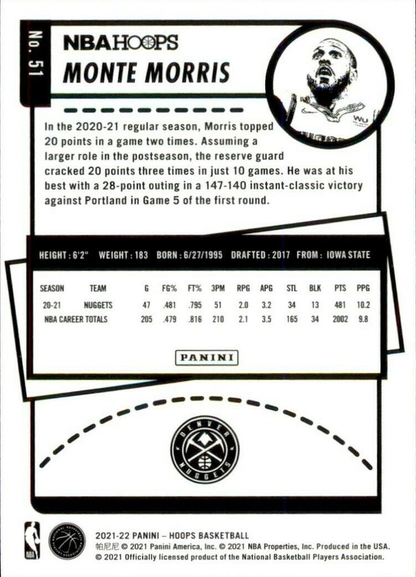 2021 Panini Hoops Monte Morris #51 Denver Nuggets