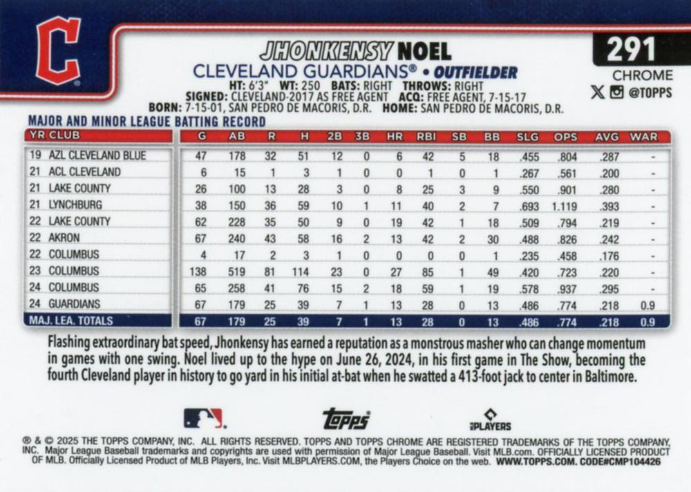 2025 Topps Chrome MLB Jhonkensy Noel RC #291 Cleveland Guardians