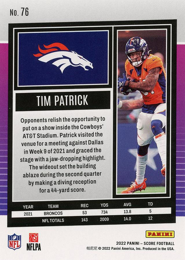 2022 Panini Score Tim Patrick Denver Broncos #76