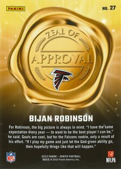 2023 Panini Zenith Zeal of Approval Bijan Robinson #27 Atlanta Falcons