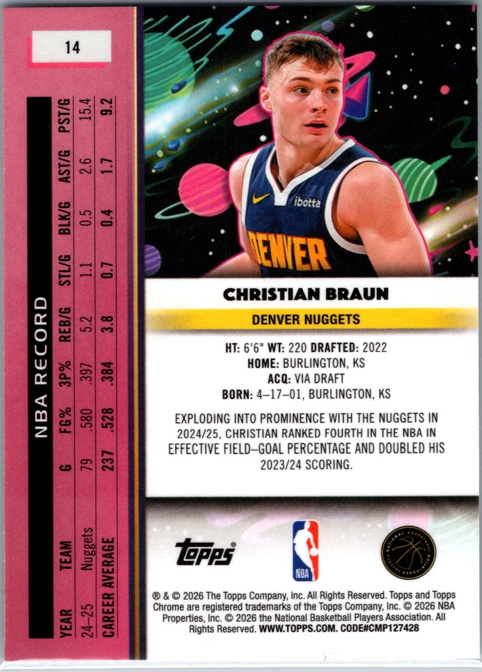 2025 Topps Chrome Cosmic Christian Braun #14 Denver Nuggets