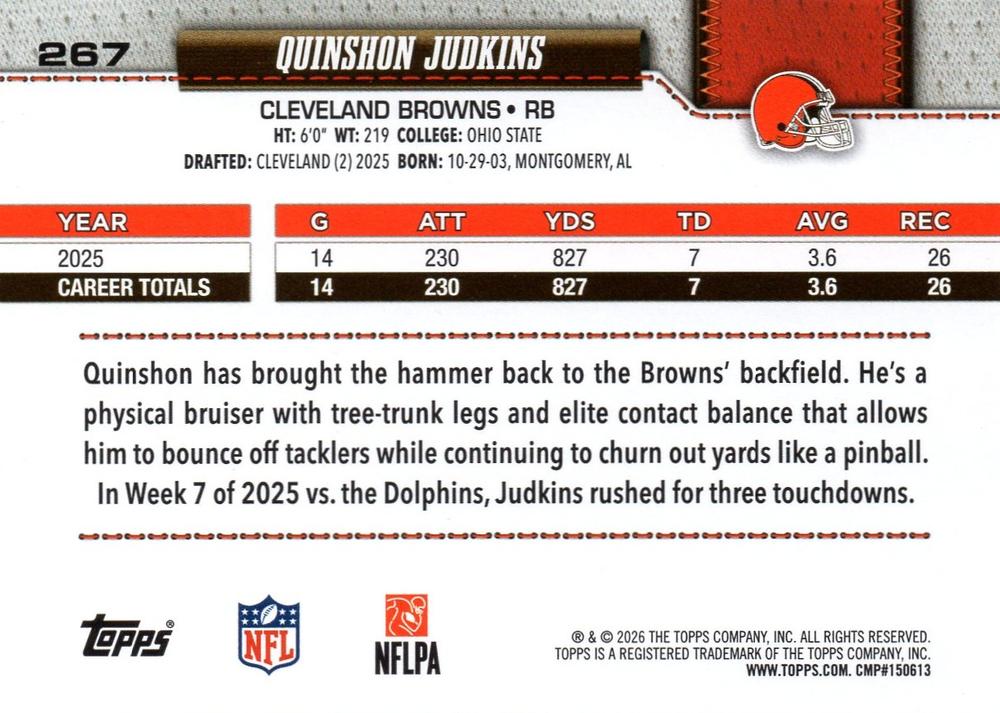 2026 Topps Flagship Quinshon Judkins #267 Cleveland Browns