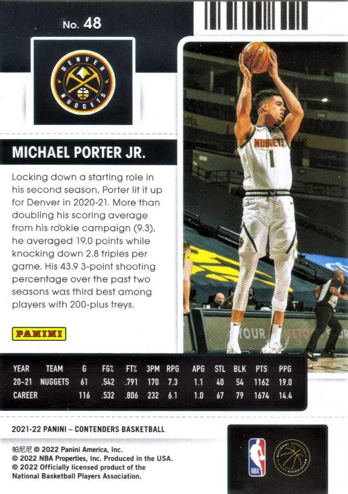 2021 Panini Contenders Game Ticket Green Michael Porter Jr. #48 Denver Nuggets