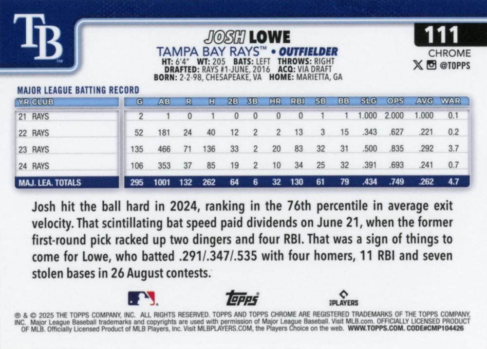 2025 Topps Chrome MLB Josh Lowe #111 Tampa Bay Rays