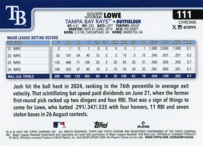 2025 Topps Chrome MLB Josh Lowe #111 Tampa Bay Rays