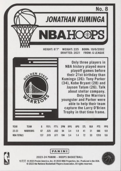 2023 Panini Hoops Jonathan Kuminga #8 Golden State Warriors