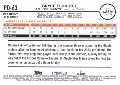 2024 Topps Pro Debut Bryce Eldridge #PD-63 San Jose Giants