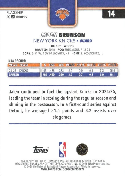2025 Topps NBA Jalen Brunson #14 New York Knicks