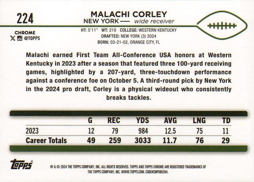 2024 Topps Chrome Football Malachi Corley RC #224 New York Jets