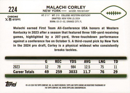 2024 Topps Chrome Football Malachi Corley RC #224 New York Jets