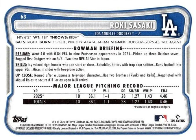 2026 Topps Bowman Chrome Mojo Roki Sasaki #63 Los Angeles Dodgers