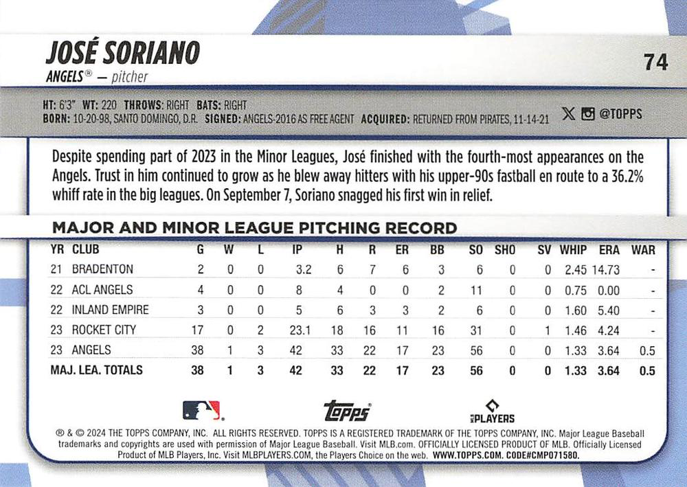 2024 Topps Big League Common José Soriano RC Los Angeles Angels #74