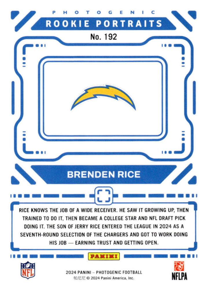 2024 Panini Photogenic Portrait RC Brenden Rice #192 Los Angeles Chargers