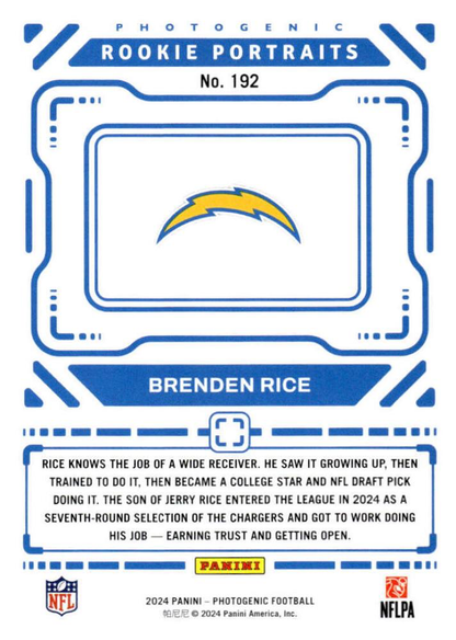 2024 Panini Photogenic Portrait RC Brenden Rice #192 Los Angeles Chargers