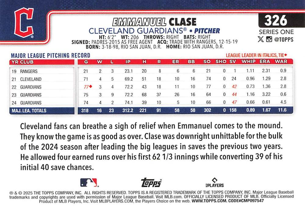 2025 Topps Series 1 Emmanuel Clase Cleveland Guardians #326