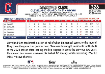 2025 Topps Series 1 Emmanuel Clase Cleveland Guardians #326