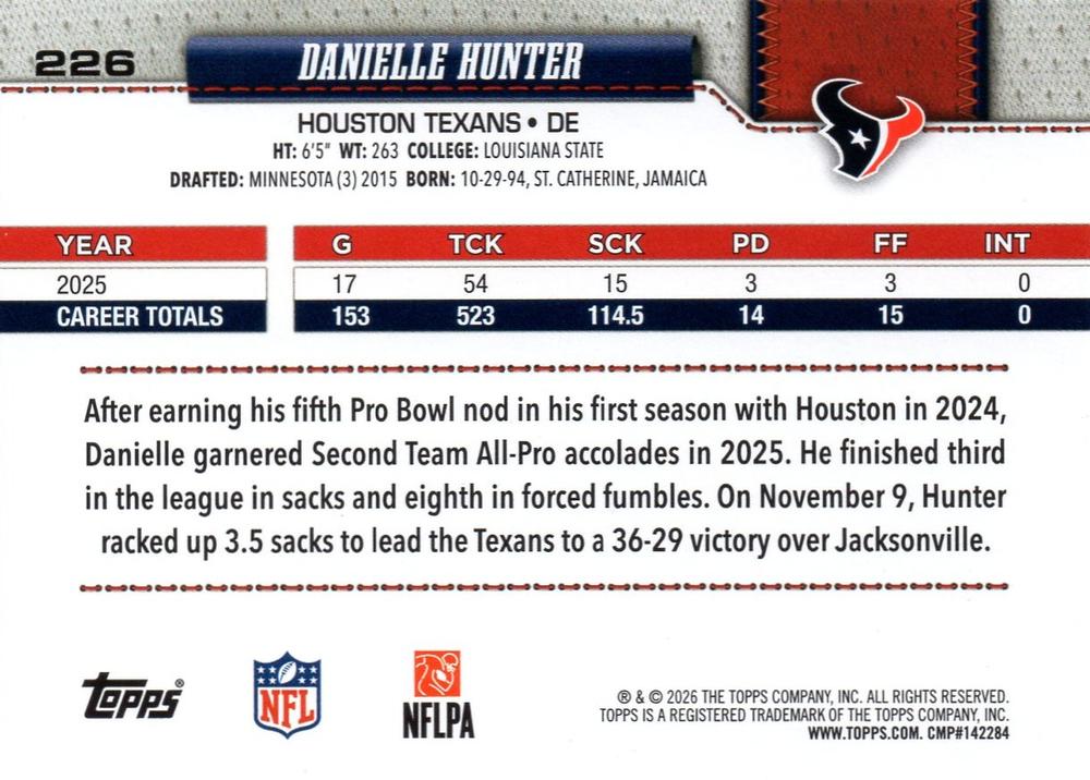 2026 Topps Flagship Danielle Hunter #226 Houston Texans