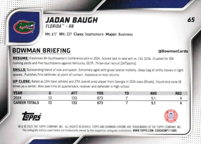 2025 Topps Bowman U Chrome Jadan Baugh 1st #65 Florida Gators