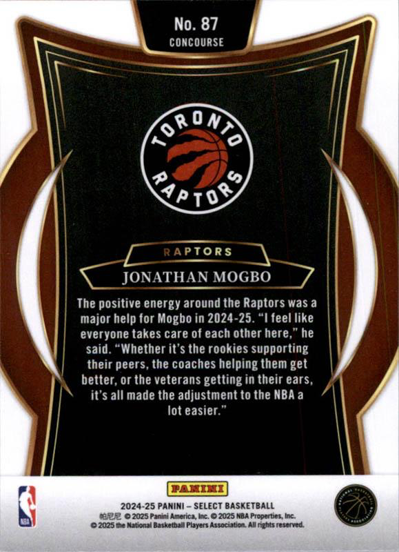 2024 Panini Select Jonathan Mogbo RC #87 Toronto Raptors