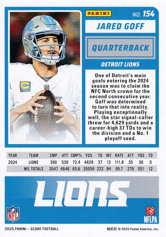 2025 Panini Score Jared Goff #154 Detroit Lions