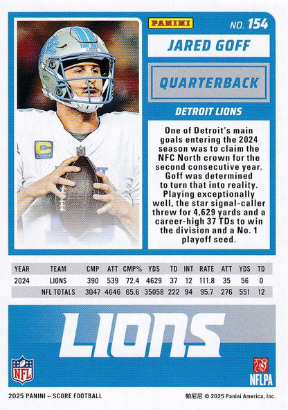 2025 Panini Score Jared Goff #154 Detroit Lions