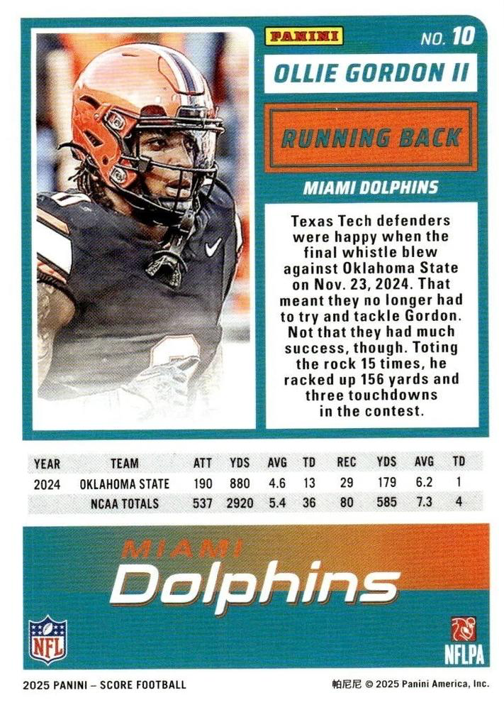 2025 Panini Score Ollie Gordon II RC #10 Miami Dolphins
