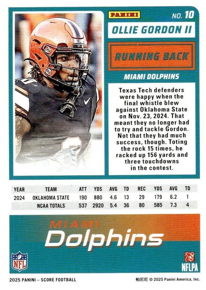 2025 Panini Score Ollie Gordon II RC #10 Miami Dolphins
