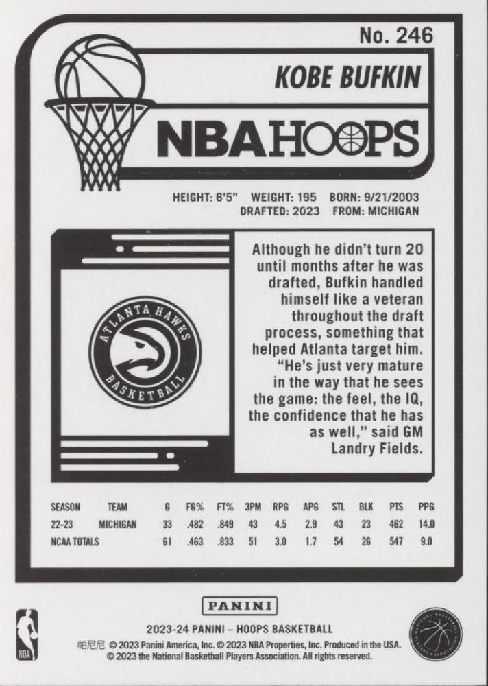 2023 Panini Hoops Kobe Bufkin RC #246 Atlanta Hawks