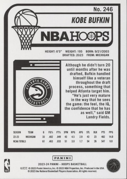 2023 Panini Hoops Kobe Bufkin RC #246 Atlanta Hawks