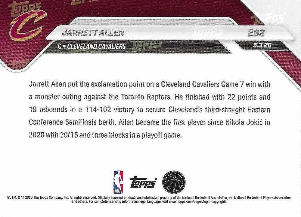 2026 Topps Now Jarrett Allen #292 Cleveland Cavaliers