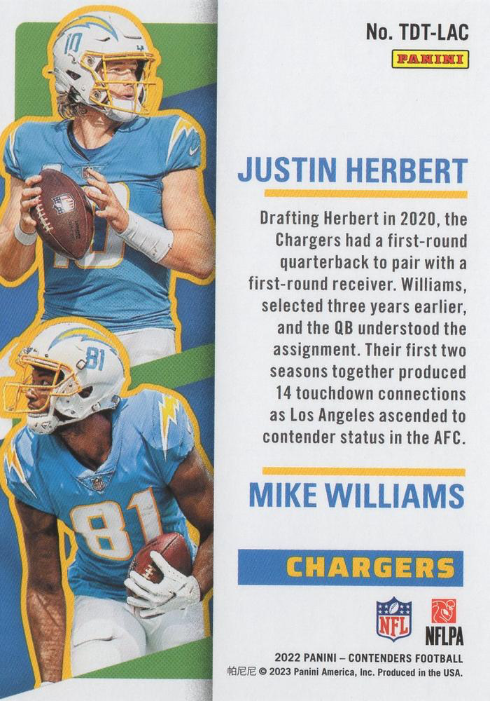 2022 Panini Contenders Touchdown Tandems Herbert / Williams #TDT-LAC Los Angeles Chargers