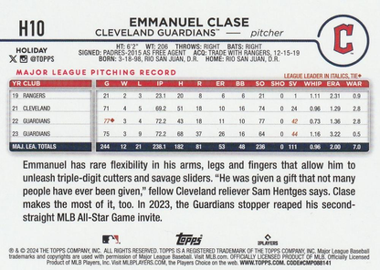 2024 Topps Holiday Emmanuel Clase Cleveland Guardians #H10