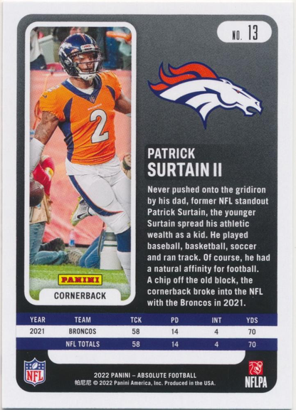 2022 Panini Absolute Patrick Surtain II #13 Denver Broncos