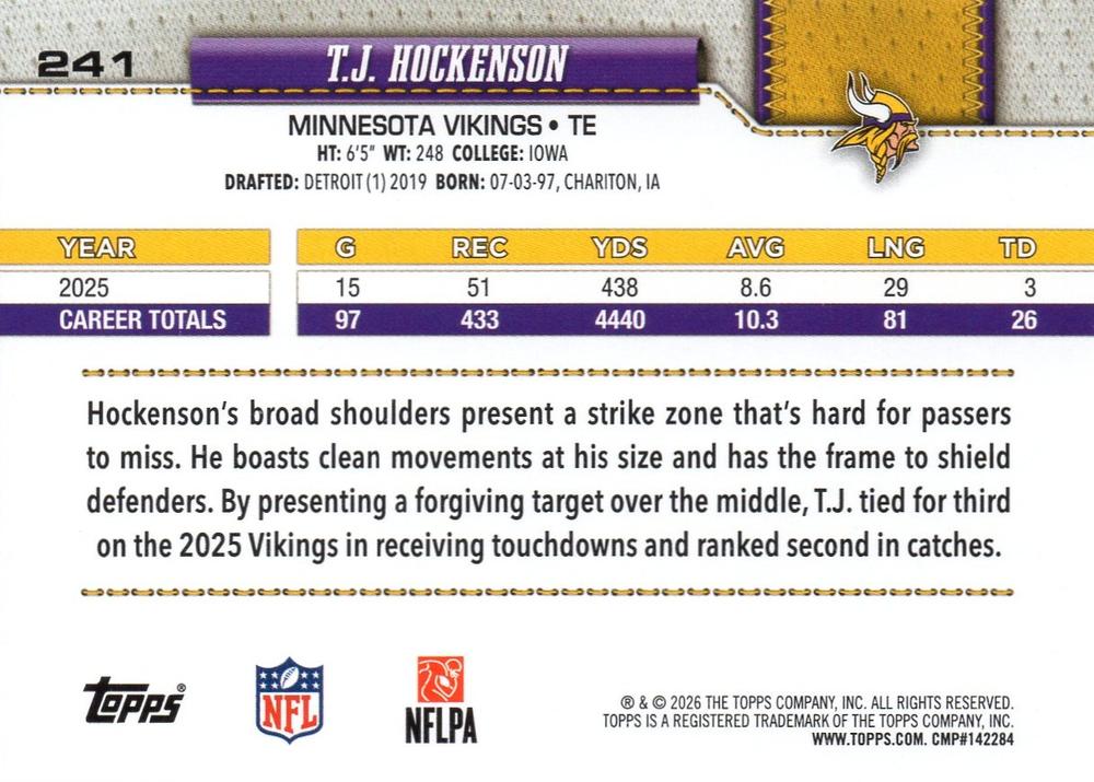 2026 Topps Flagship T.J. Hockenson #241 Minnesota Vikings
