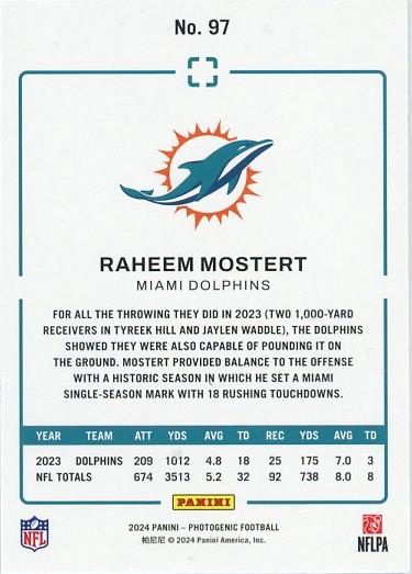 2024 Panini Photogenic Raheem Mostert #97 Miami Dolphins