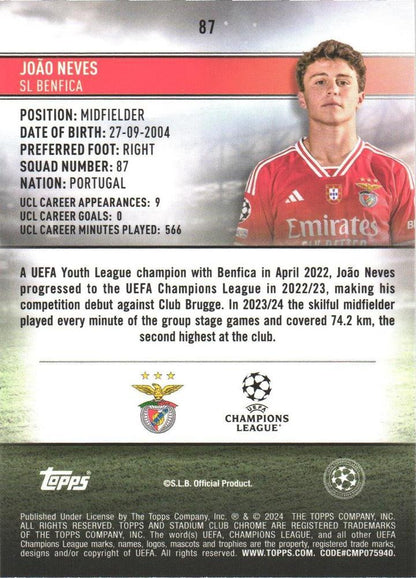 2023 Topps Stadium Club Chrome UCC João Neves #87 Benfica